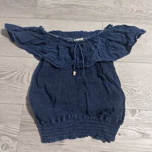 Vintage Y2K Peru Navy Blue Mesh Off-Shoulder Ruffle Beaded Cotton Top, Size M